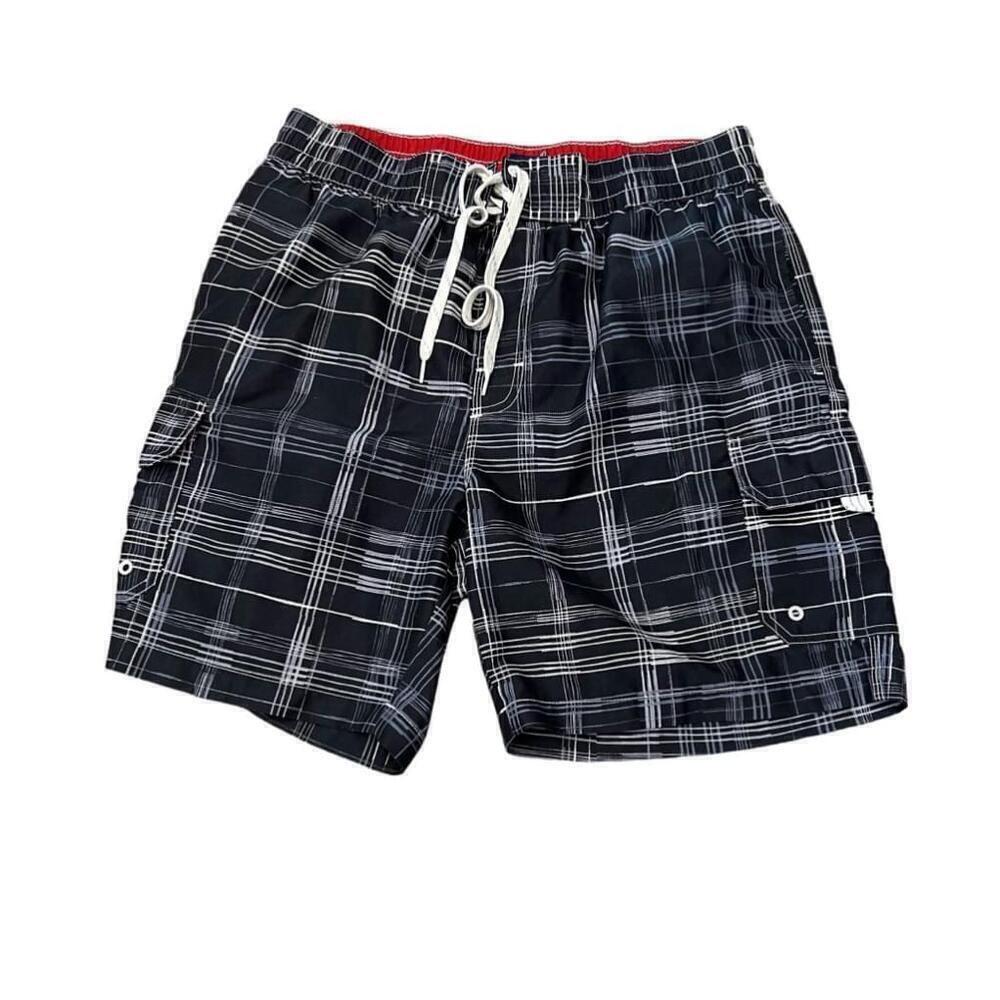 MENS Black & White Plaid Elastic Drawstring Waist Swim Board Short M